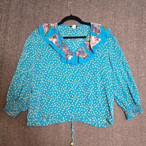 Diane Freis Vintage Blouse Top Sz M / L 80s Blue Seeds Pasiley Floral Tie Waist